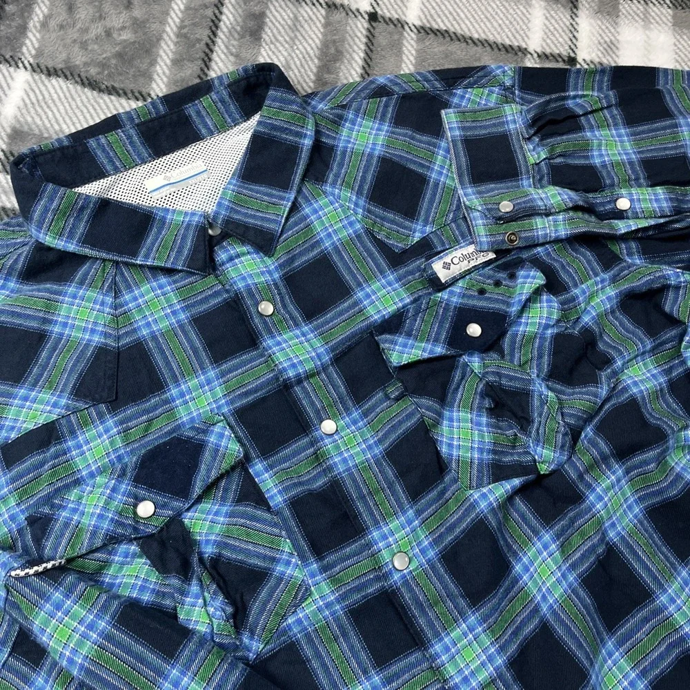 Columbia‎ PFG Pearl Snap Vented Long Sleeve Flannel Shirt Mens XXL Blue Plaid
